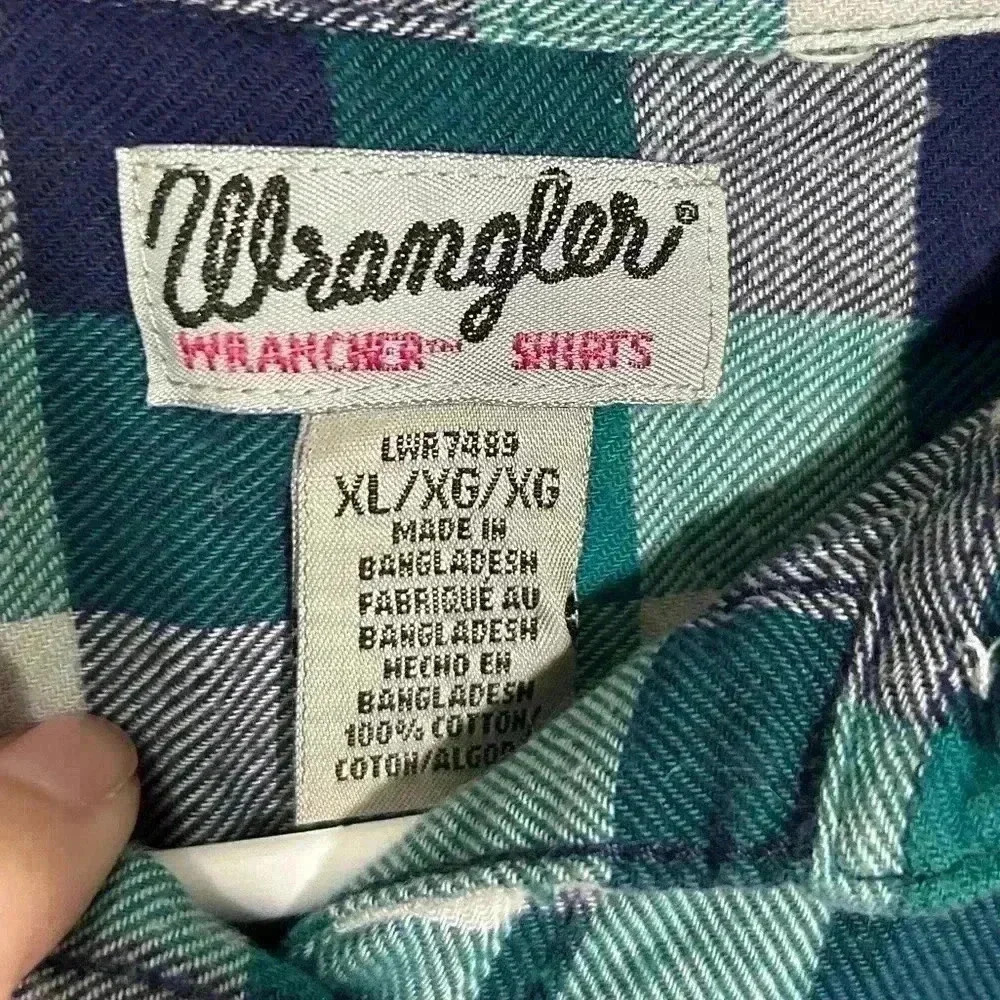 Wrangler Wrancher Shirt Teal/Navy/Cream Plaid Flannel Button Down Shirt. Size XL - Picture 4 of 12